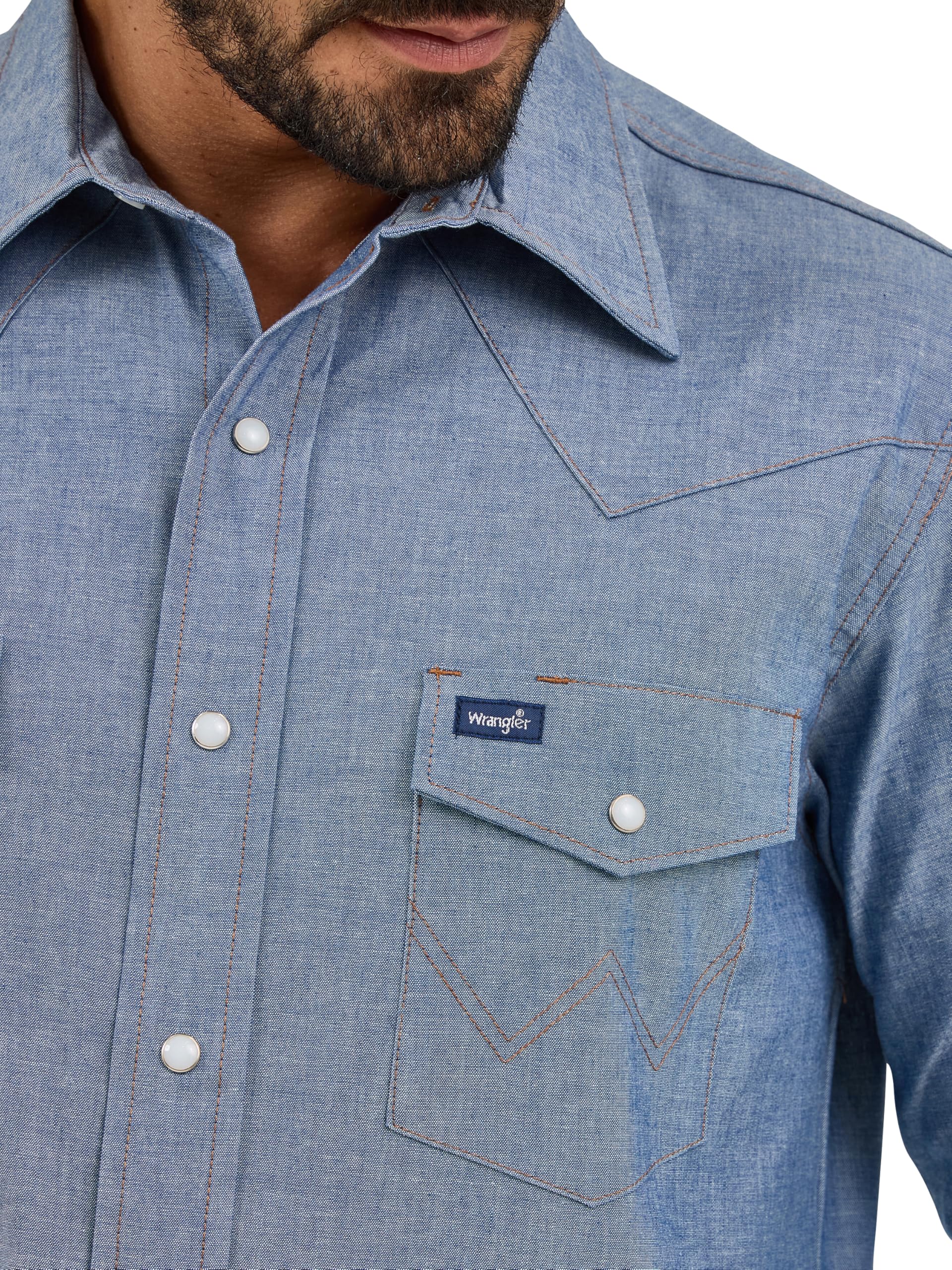 Wrangler Mens Cowboy Cut Western Two Pocket Long Sleeve Snap Work Shirt - Firm Finish - B&T,Chambray Blue,3X Tall