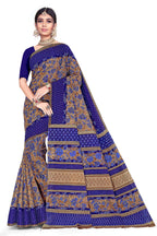 TAMAIRA FASHION Womens Plain Weave Floral Print Pure Cotton Saree Without Blouse Piece(11146_Beige&Blue)