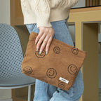 GUTGNK Makeup bag for Women, Corduroy Cosmetic Bag Aesthetic Design Ladies Tote Bag,Cute Smiley Face Makeup Organizer with Zippe