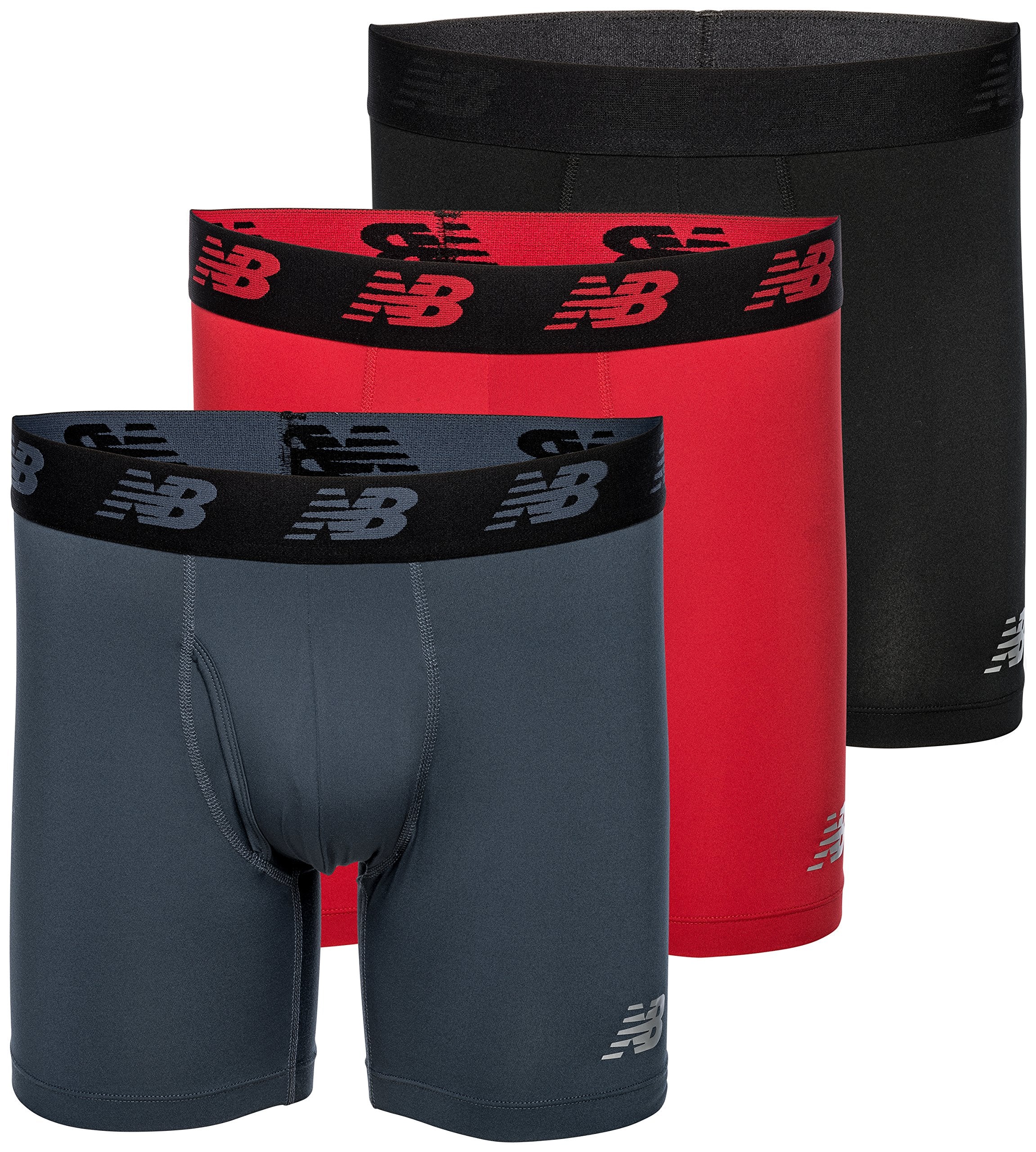 New Balance Men's 6 Boxer Brief Fly Front with Pouch, 3-Pack,Black/Team Red/Thunder, X-Large (40-42)
