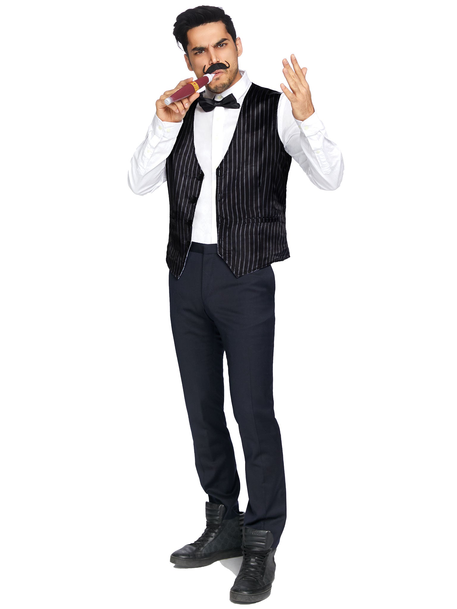 4 PC Mobster Kit, includes vest, bow tie, mustache, and cigar.