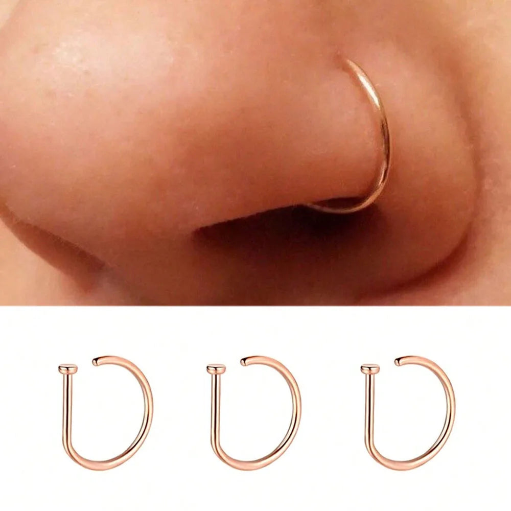 3Pcs 20G Stainless Steel D Shape Thin Nose Ring Screw Hoop Curved Barbells Fake Lip Piercing, Hypoallergenic Nose Septum Clip