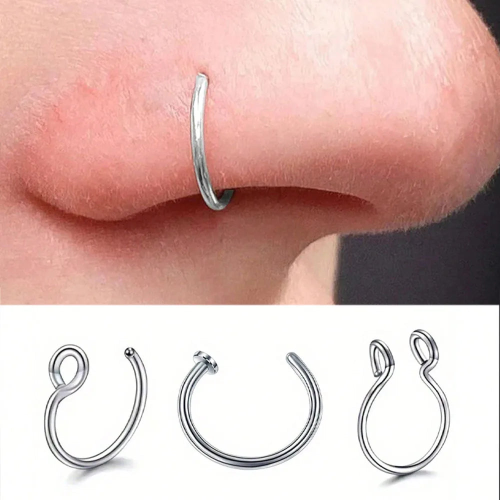 3Pcs 20G Stainless Steel D Shape Thin Nose Ring Screw Hoop Curved Barbells Fake Lip Piercing, Hypoallergenic Nose Septum Clip