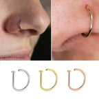 3Pcs 20G Stainless Steel D Shape Thin Nose Ring Screw Hoop Curved Barbells Fake Lip Piercing, Hypoallergenic Nose Septum Clip