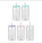 16oz Blank Sublimation Glass Can Jar with plastic Colored lid Tumbler (Clear or Frosted)