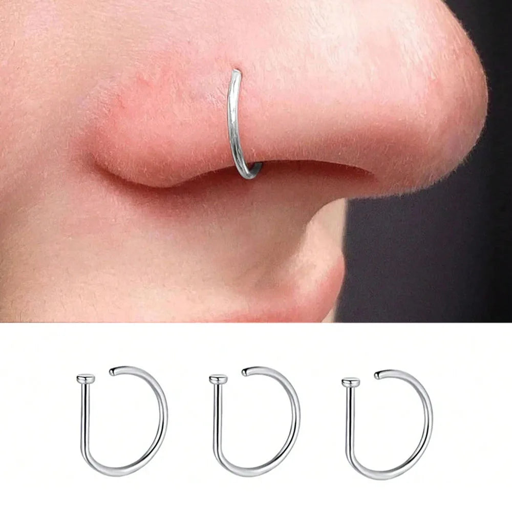 3Pcs 20G Stainless Steel D Shape Thin Nose Ring Screw Hoop Curved Barbells Fake Lip Piercing, Hypoallergenic Nose Septum Clip