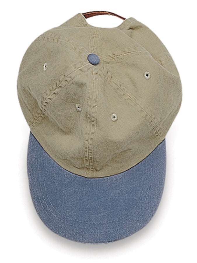 LP102 | OPTIMUM-KHAKI W/CONTRAST BILL- Pigment dyed, garment washed cotton twill, six panel, low profile, unstructured cap with 