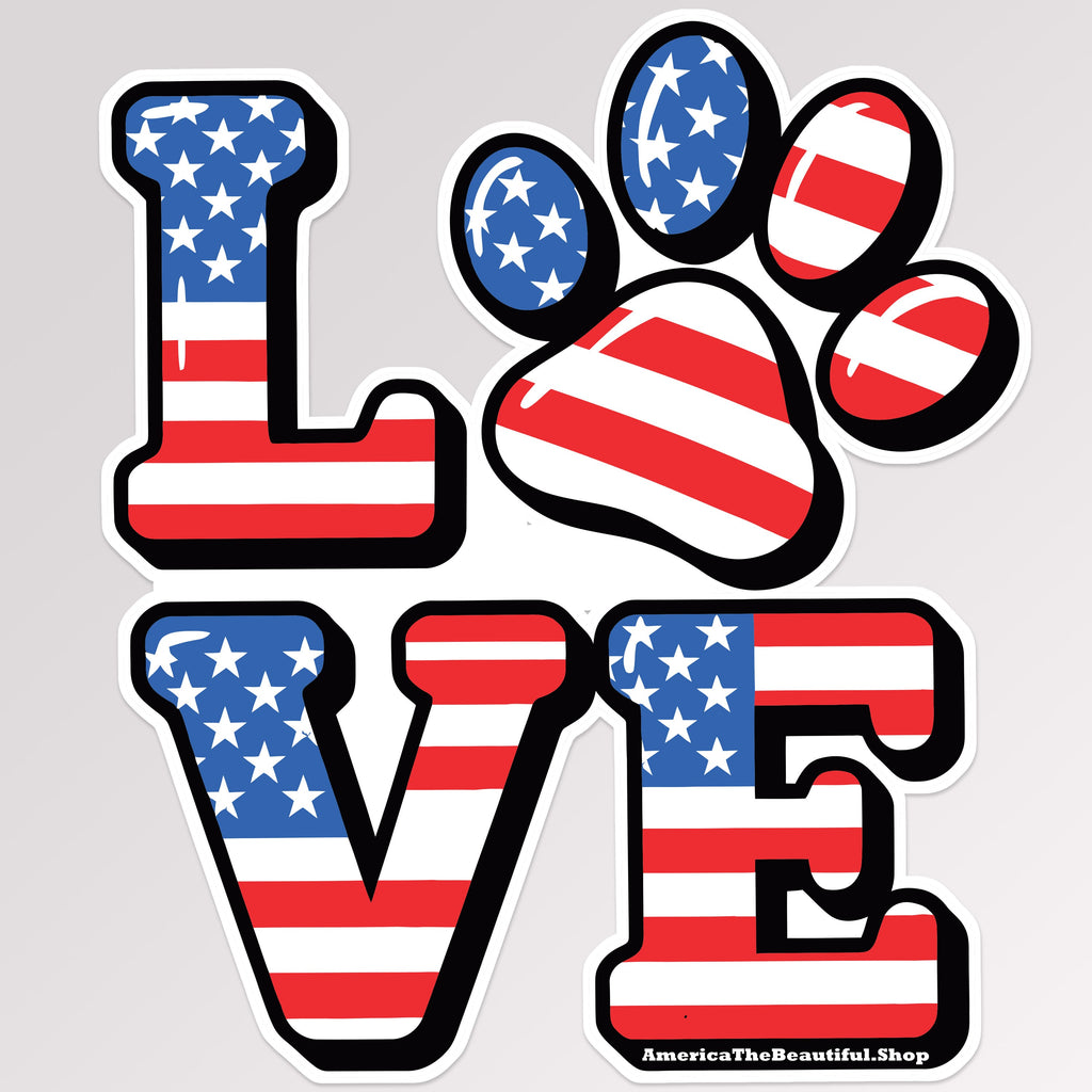 Love Word Square With Dog Paw and American Flag Filled Sticker