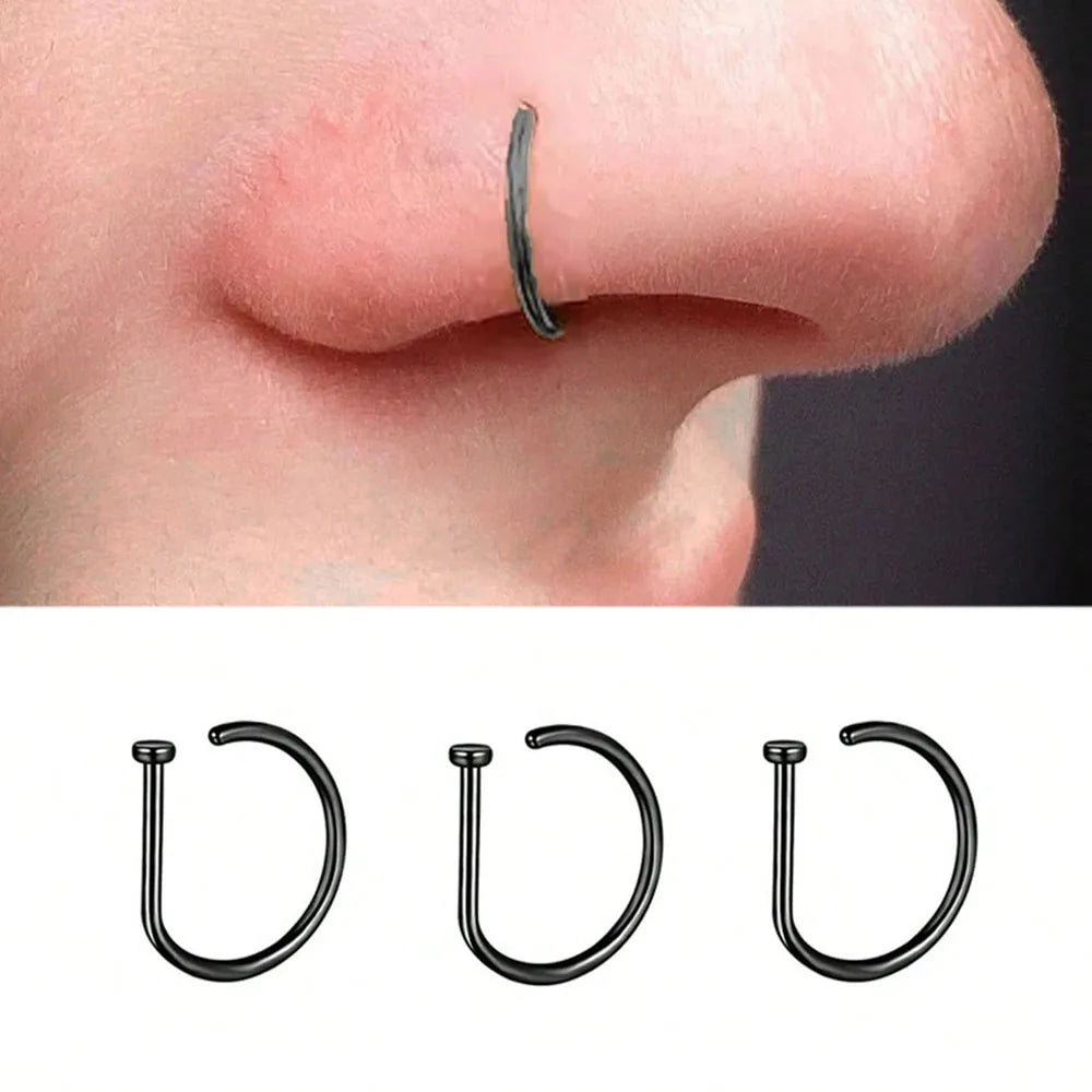 3Pcs 20G Stainless Steel D Shape Thin Nose Ring Screw Hoop Curved Barbells Fake Lip Piercing, Hypoallergenic Nose Septum Clip