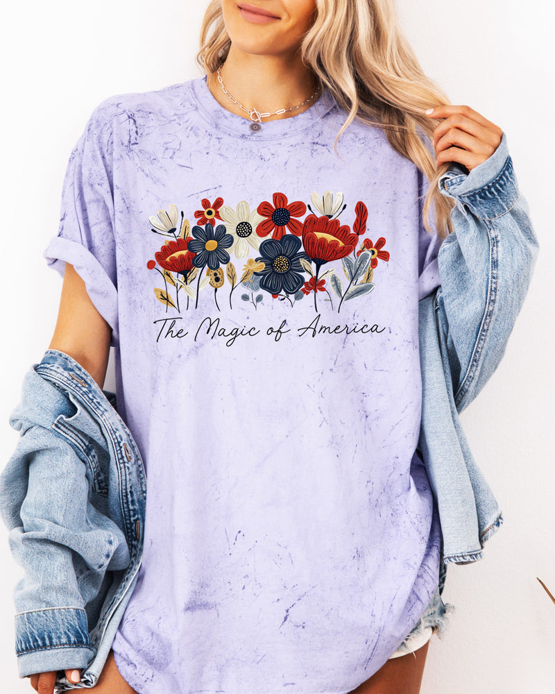 America the Magic of America USA Flag flower Garment Dyed T Shirt
