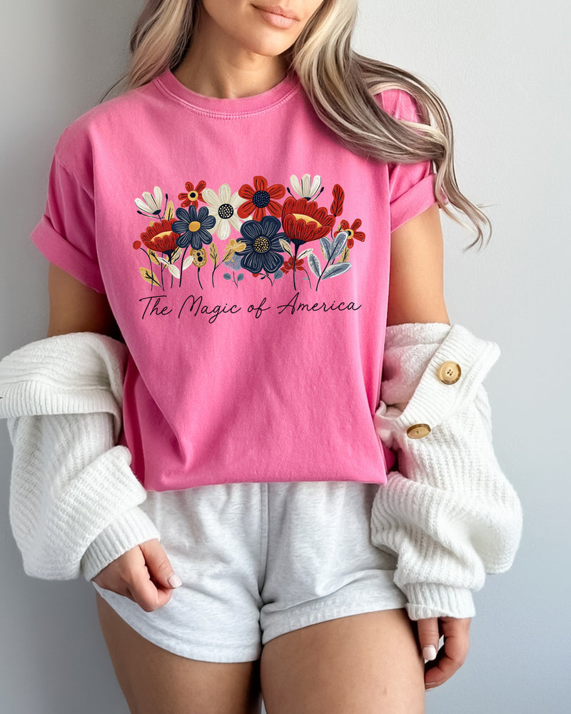 America the Magic of America USA Flag flower Garment Dyed T Shirt