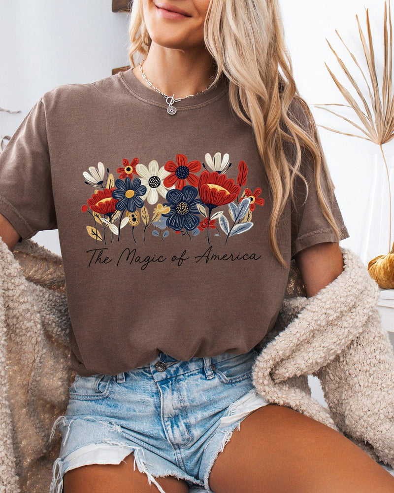 America the Magic of America USA Flag flower Garment Dyed T Shirt