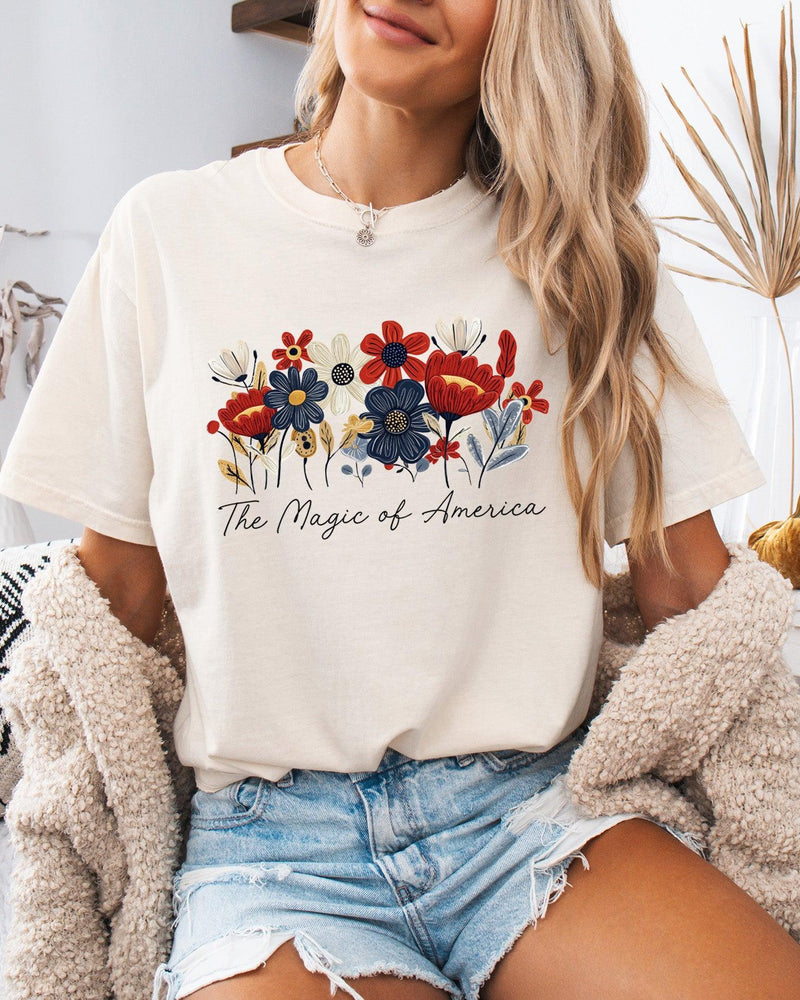 America the Magic of America USA Flag flower Garment Dyed T Shirt