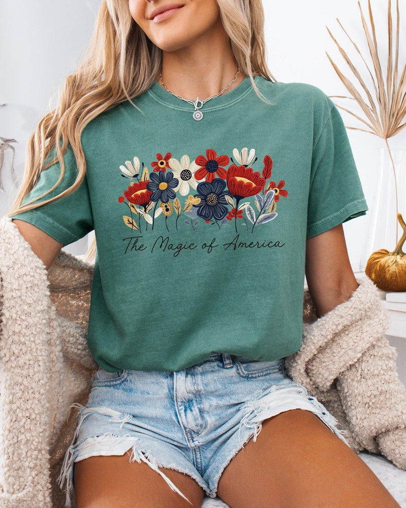 America the Magic of America USA Flag flower Garment Dyed T Shirt
