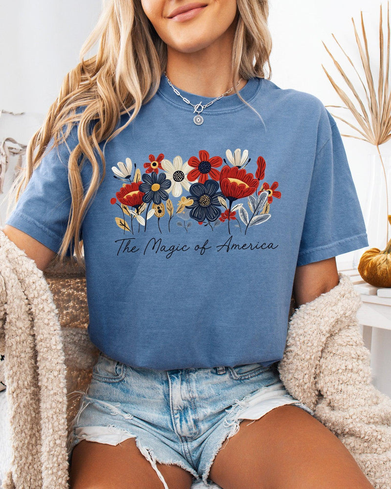 America the Magic of America USA Flag flower Garment Dyed T Shirt