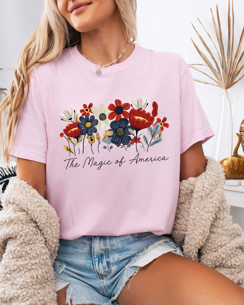 America the Magic of America USA Flag flower Garment Dyed T Shirt