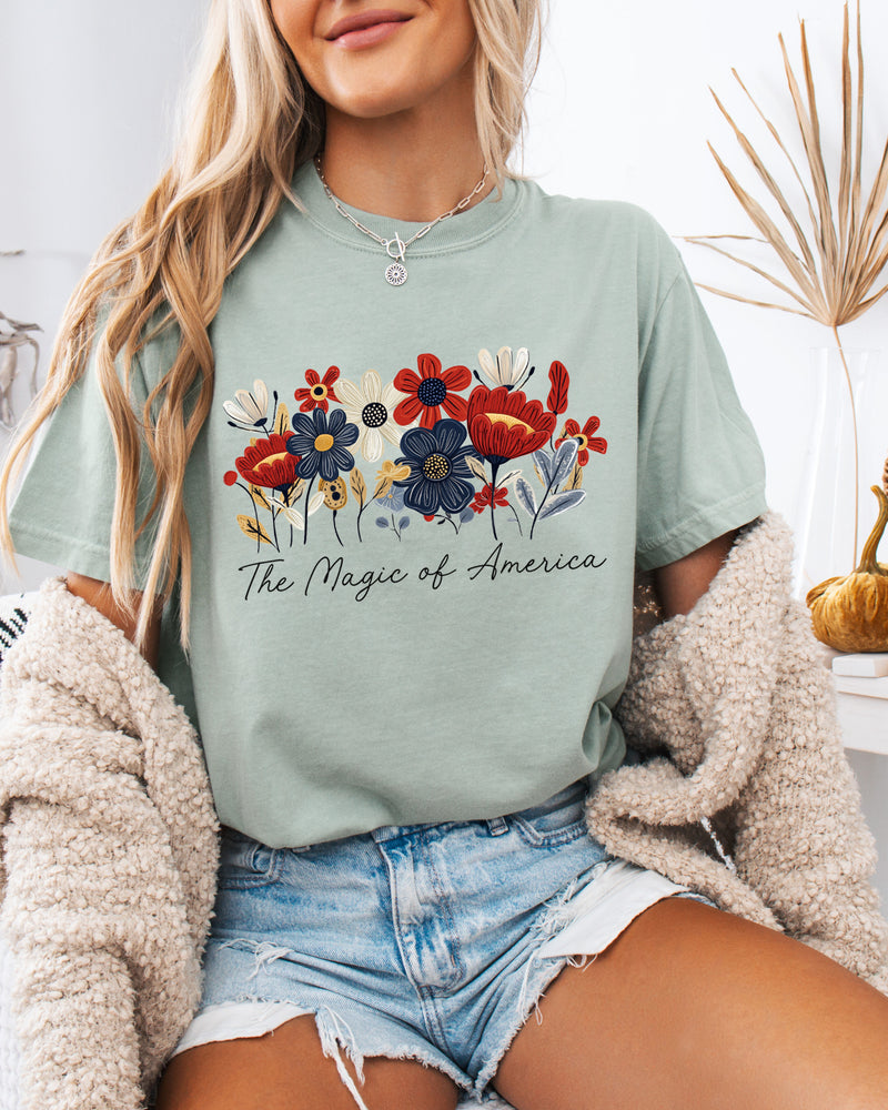 America the Magic of America USA Flag flower Garment Dyed T Shirt