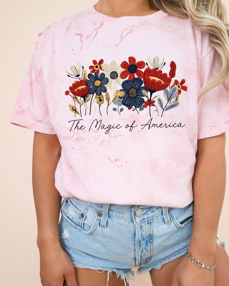 America the Magic of America USA Flag flower Garment Dyed T Shirt