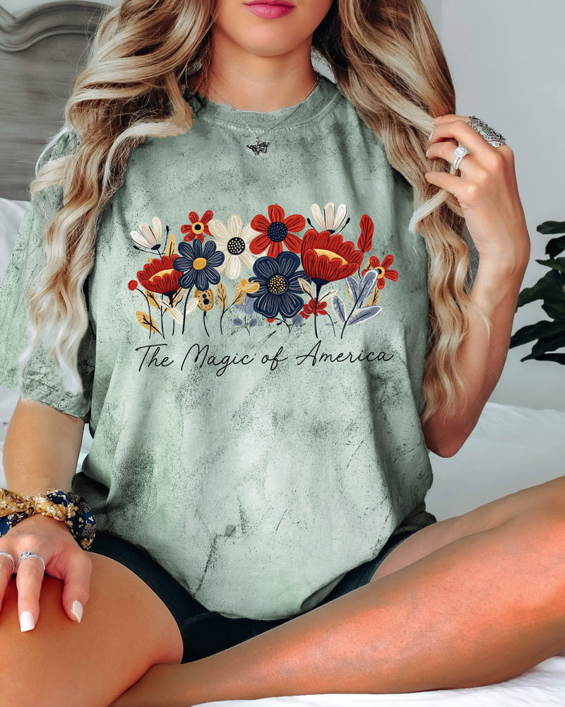 America the Magic of America USA Flag flower Garment Dyed T Shirt