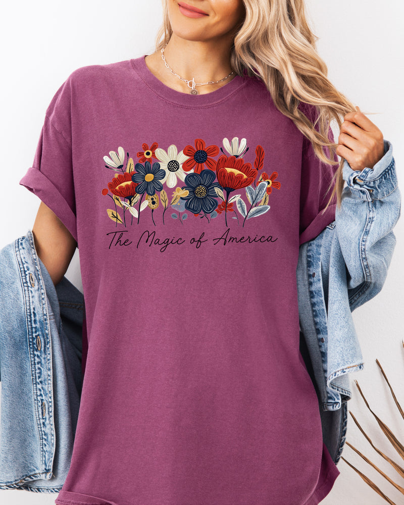 America the Magic of America USA Flag flower Garment Dyed T Shirt