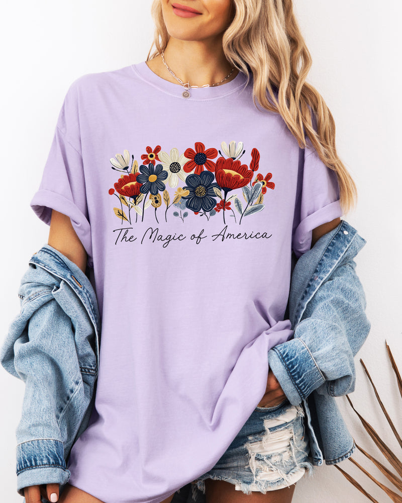 America the Magic of America USA Flag flower Garment Dyed T Shirt