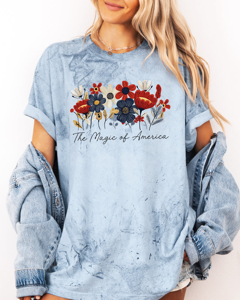 America the Magic of America USA Flag flower Garment Dyed T Shirt