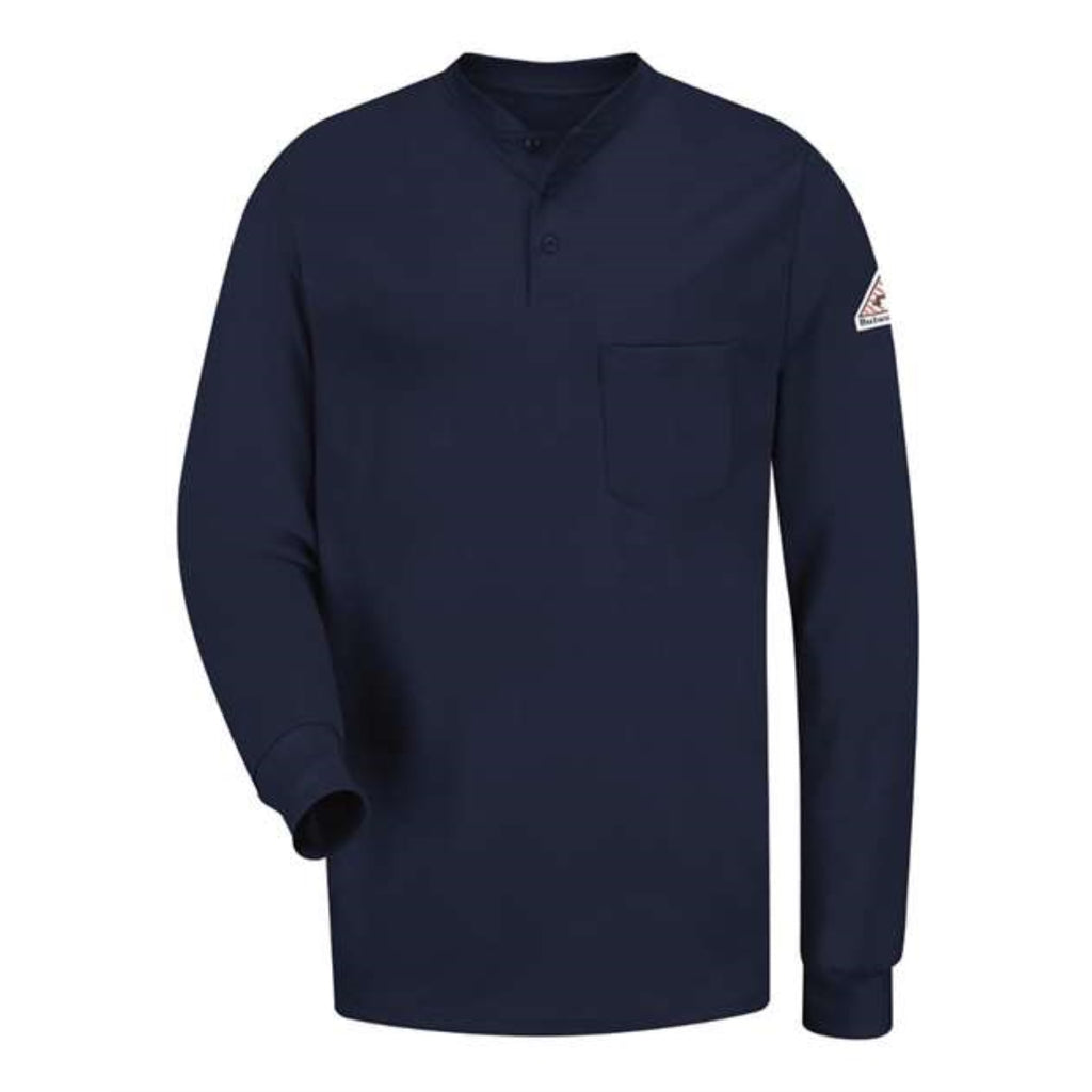 Bulwark Long Sleeve Tagless Henley Shirt - Navy, XL