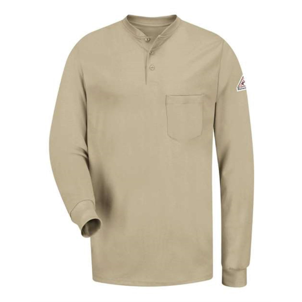 Bulwark Long Sleeve Tagless Henley Shirt - Long Sizes - Khaki, XLT