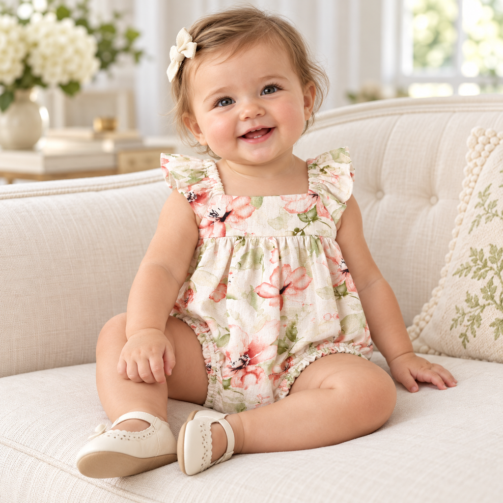 Blush Bouquet Baby Girl Floral Bubble Romper | 9–12M