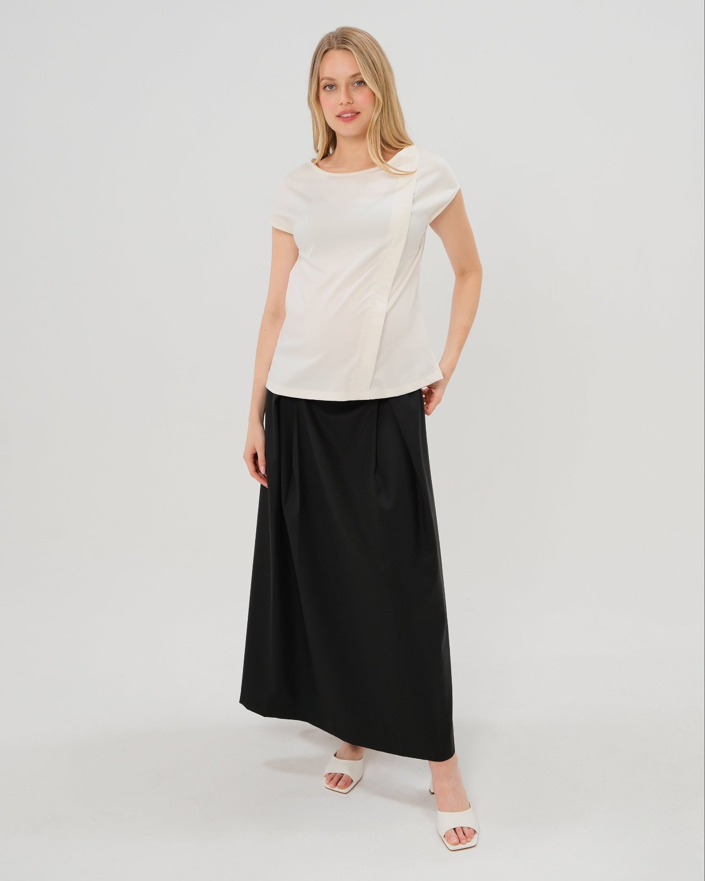 Over-Under Bump Pleated Maternity Maxi Skirt in All-Season Wool Blend