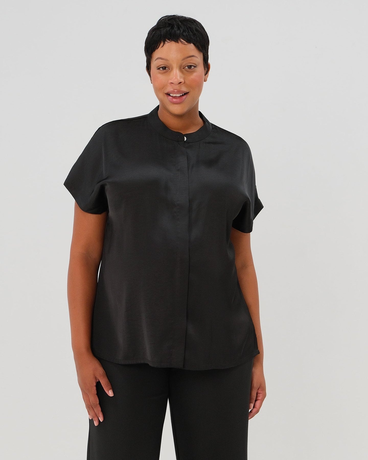 Short Sleeve Satin Maternity Shell Top with Concealed Nursing Zip