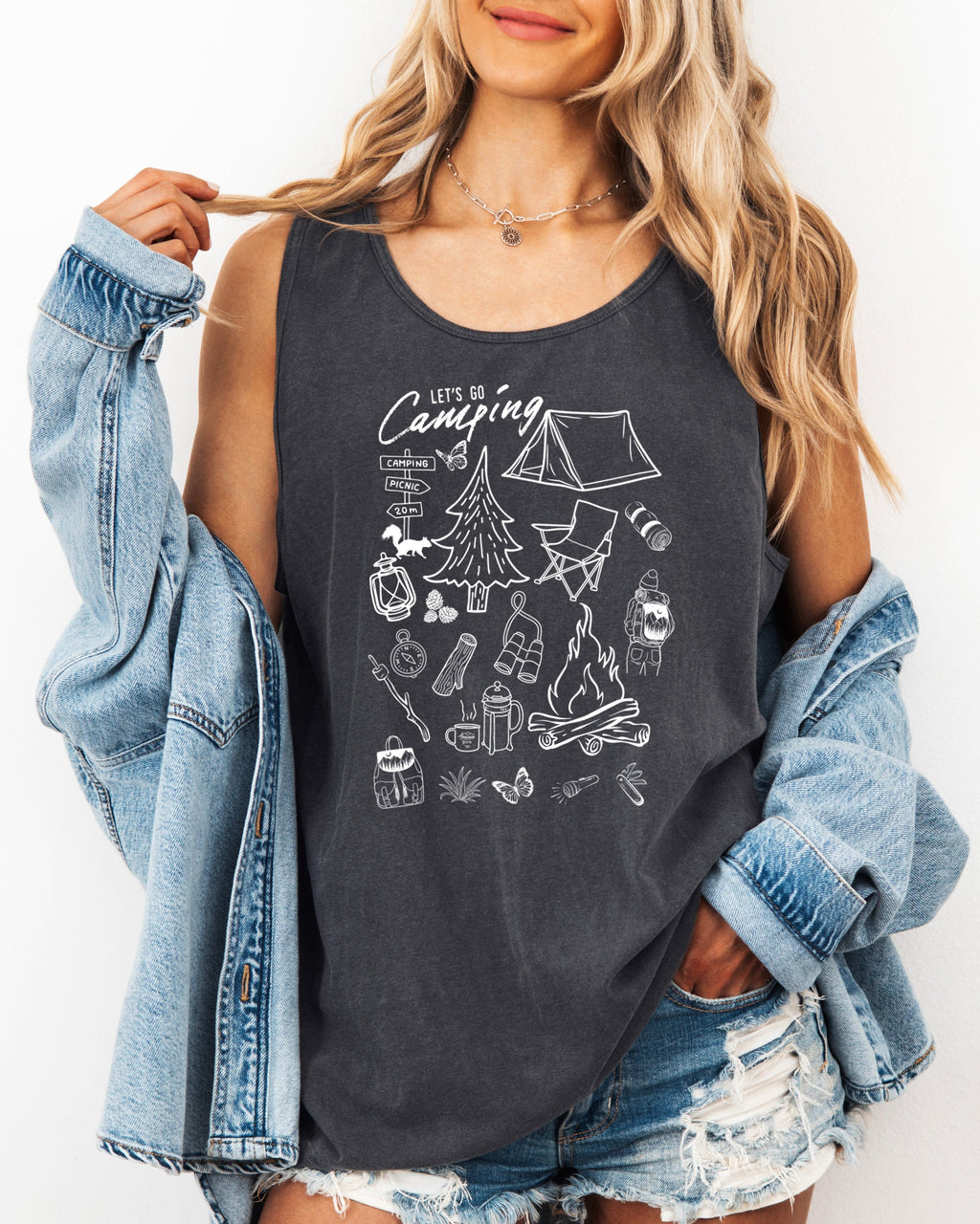Camping Mountain Sketch Comfort Colors Tank Top – Hiking Nature Outdoor Graphic