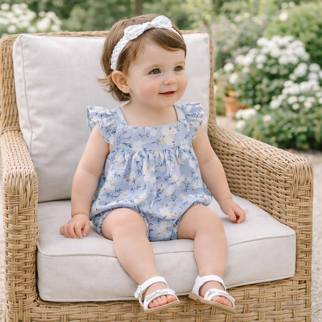 Baby Girl Blue Floral Bubble Romper – Cotton Linen  3-6M