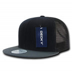 DECKY 6 Panel Flat Bill Trucker Caps, Black/Dark Grey