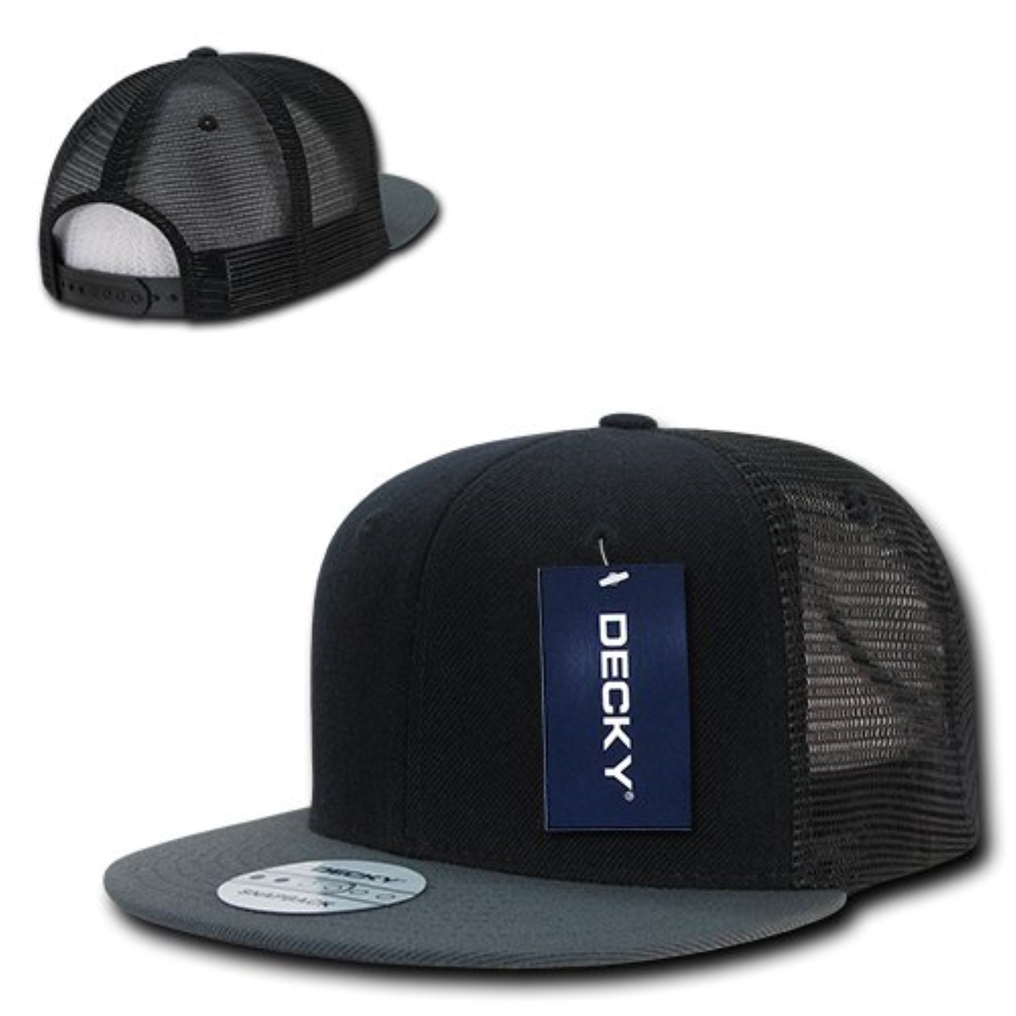 DECKY 6 Panel Flat Bill Trucker Caps, Black/Dark Grey