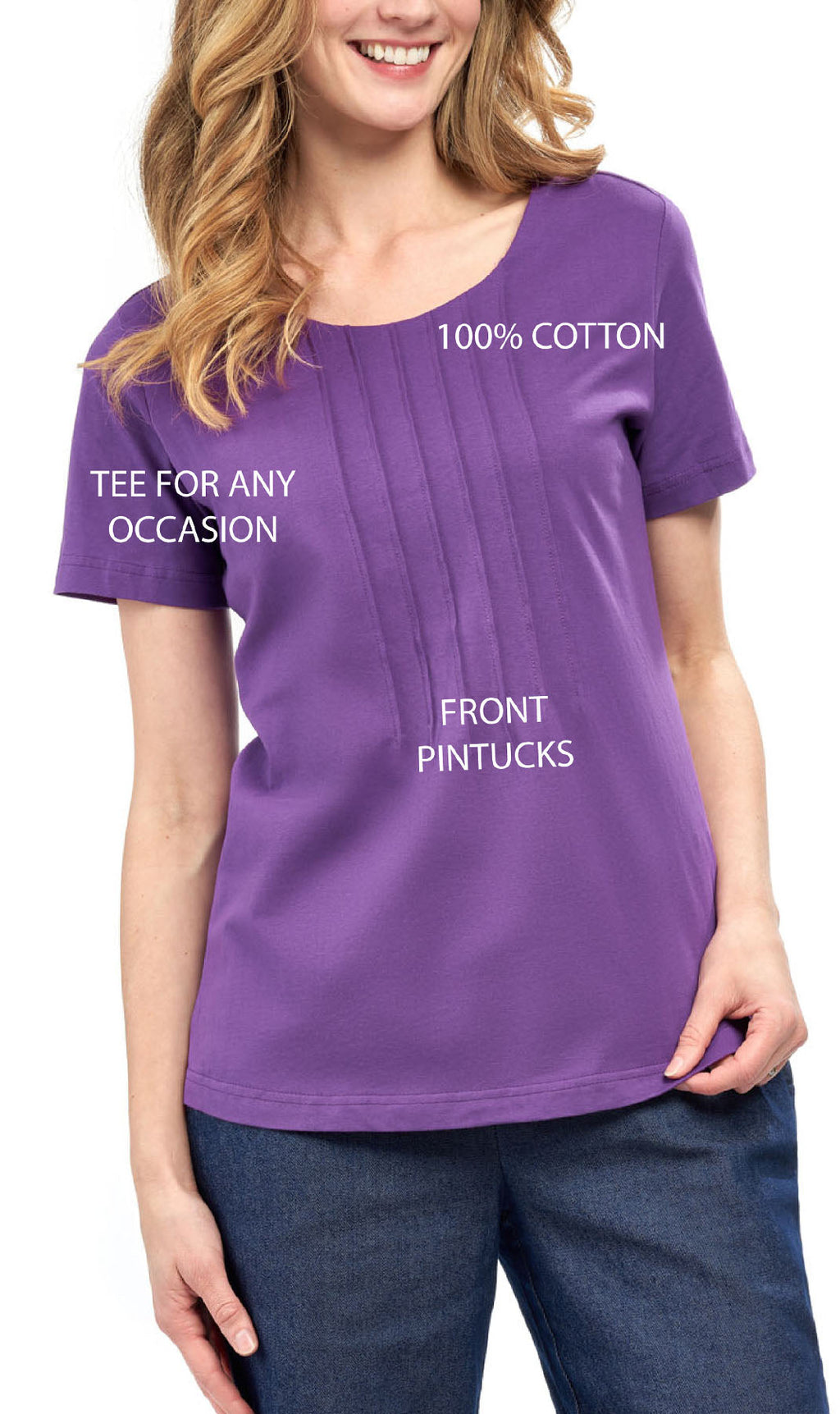 Women's Short Sleeve Pintuck Scoop Neck T-Shirt — 100% Cotton Knit