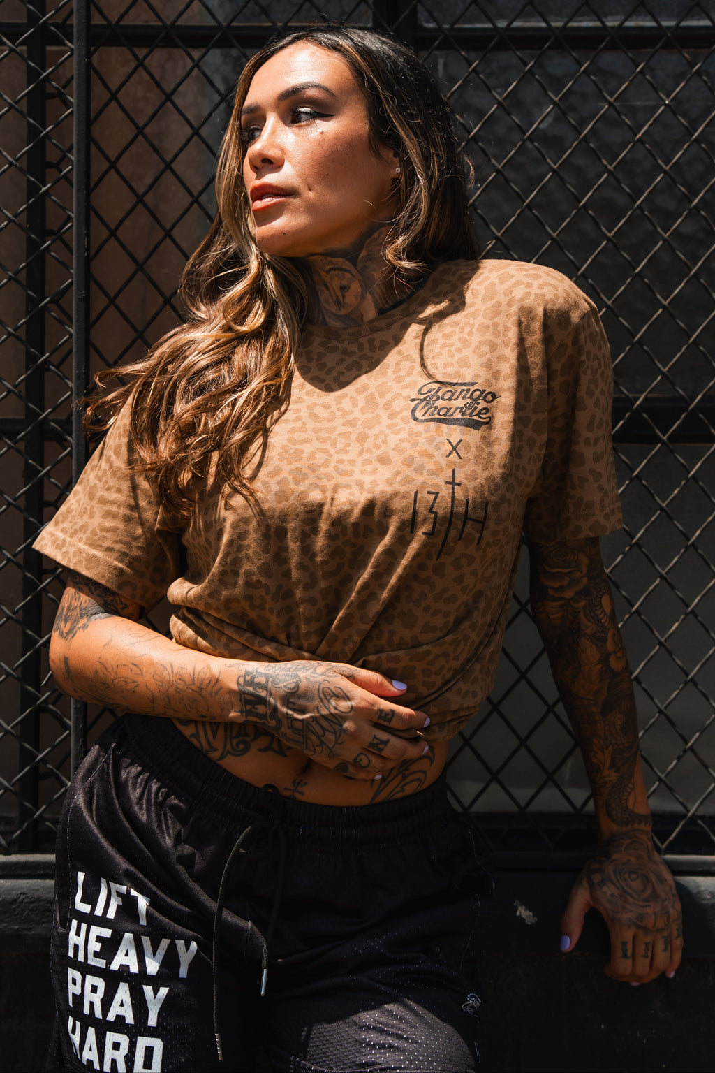 Lift Heavy. Pray Hard. Chestnut Leopard - Tee