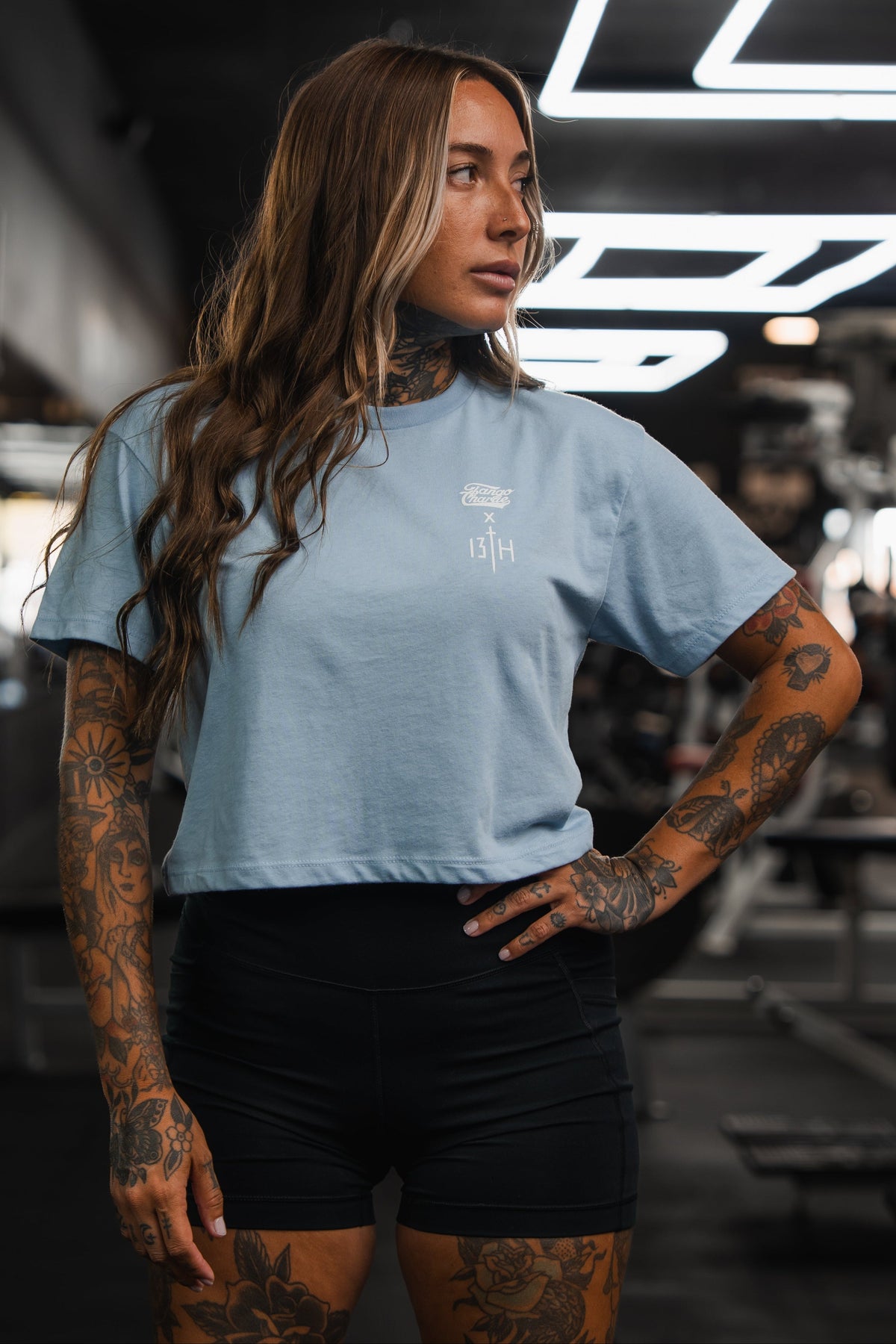 Lift Heavy. Pray Hard. - Baby Blue Women's Crop Tee