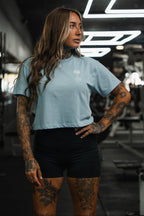 Lift Heavy. Pray Hard. - Baby Blue Women's Crop Tee