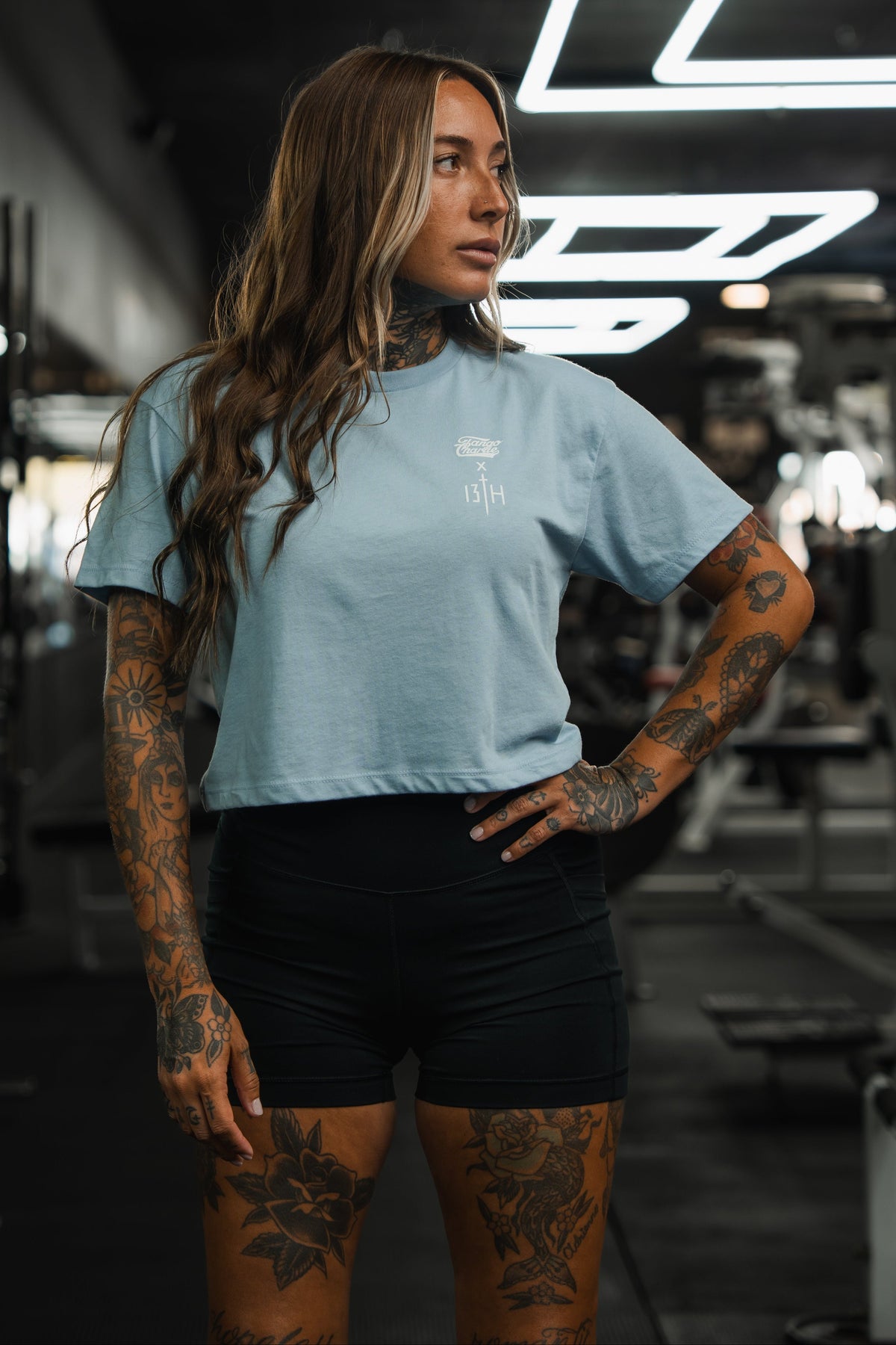 Lift Heavy. Pray Hard. - Baby Blue Women's Crop Tee