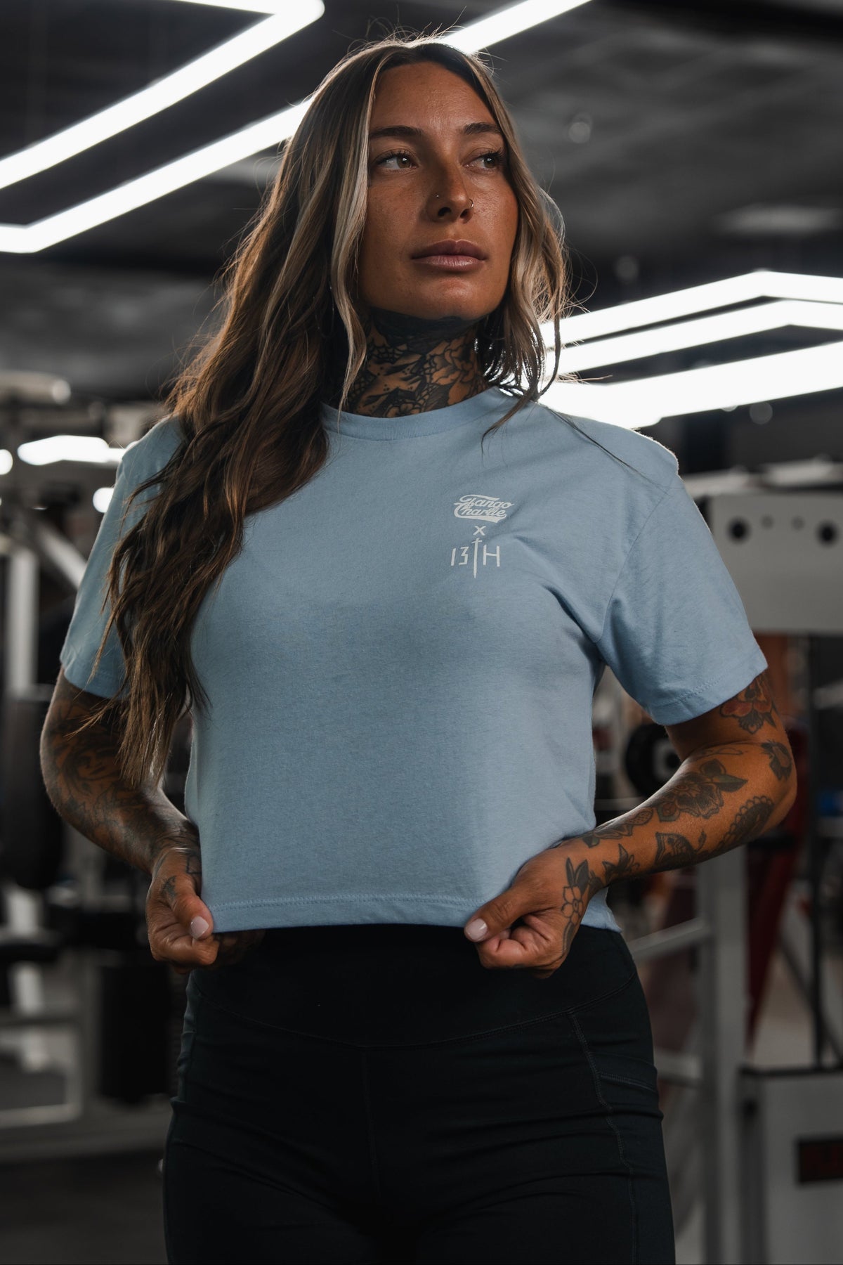 Lift Heavy. Pray Hard. - Baby Blue Women's Crop Tee