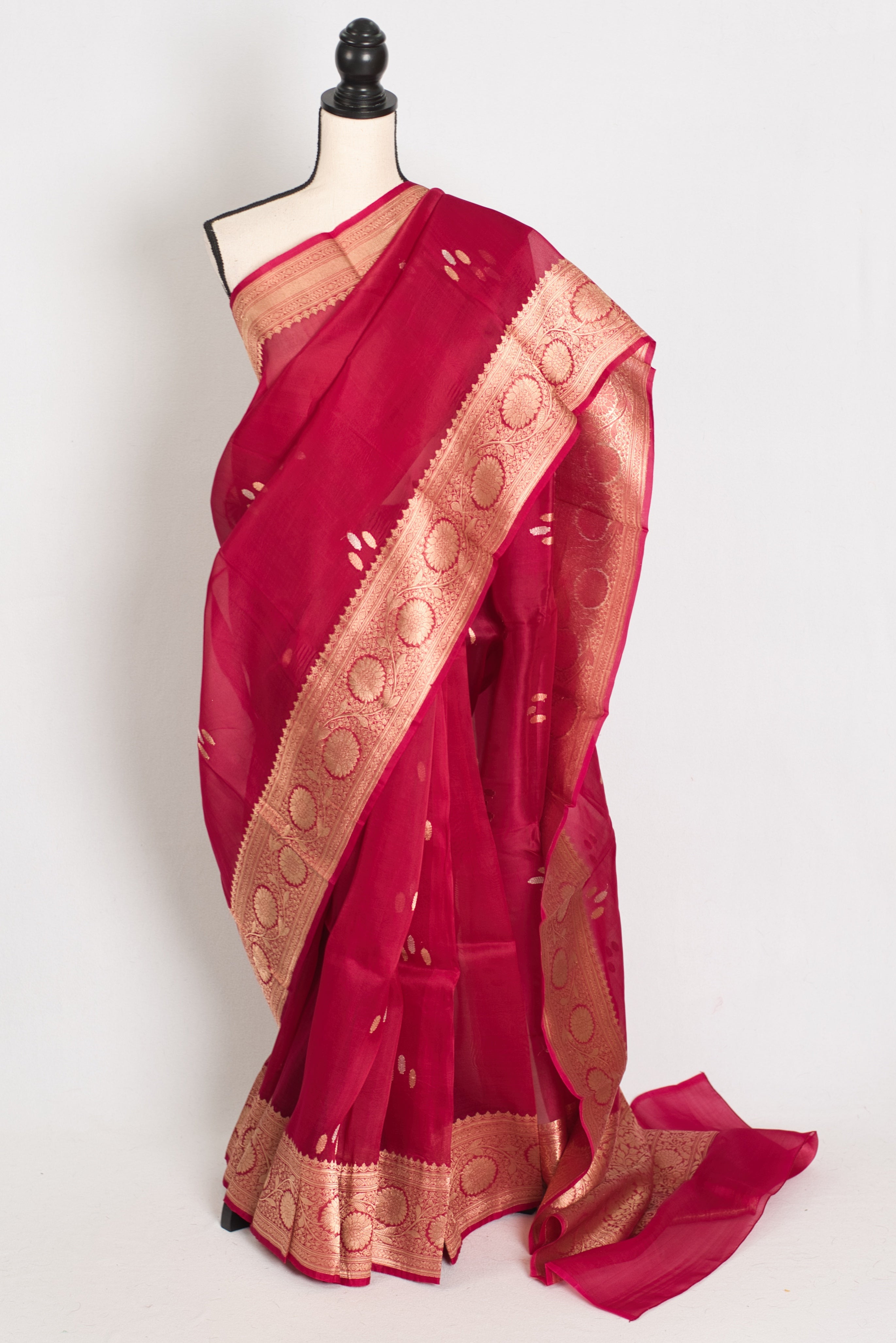 Noor : Silk Mark Certified Reddish Pinkish Red Organza Banarasi Saree with Gold