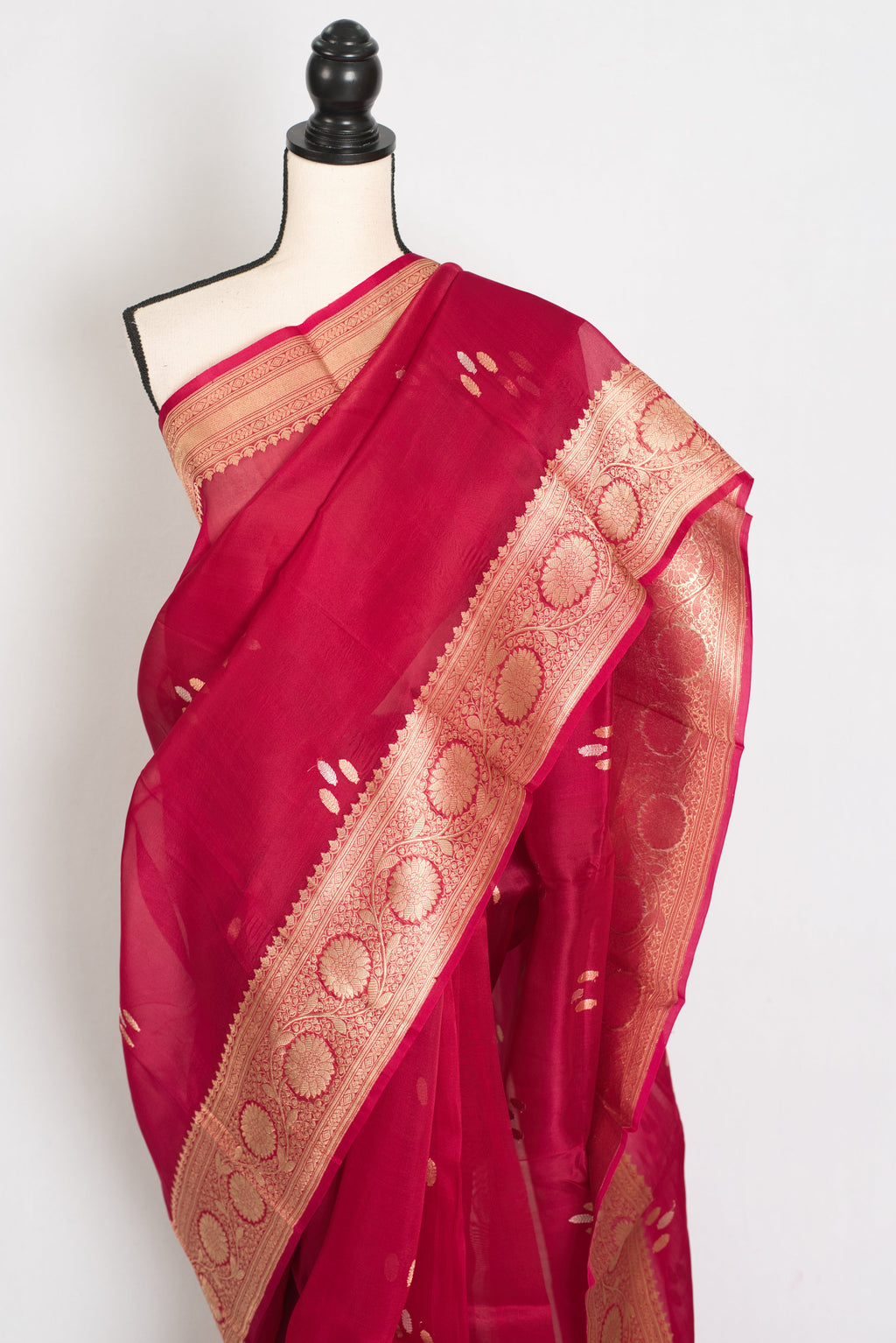 Noor : Silk Mark Certified Reddish Pinkish Red Organza Banarasi Saree with Gold