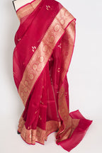 Noor : Silk Mark Certified Reddish Pinkish Red Organza Banarasi Saree with Gold