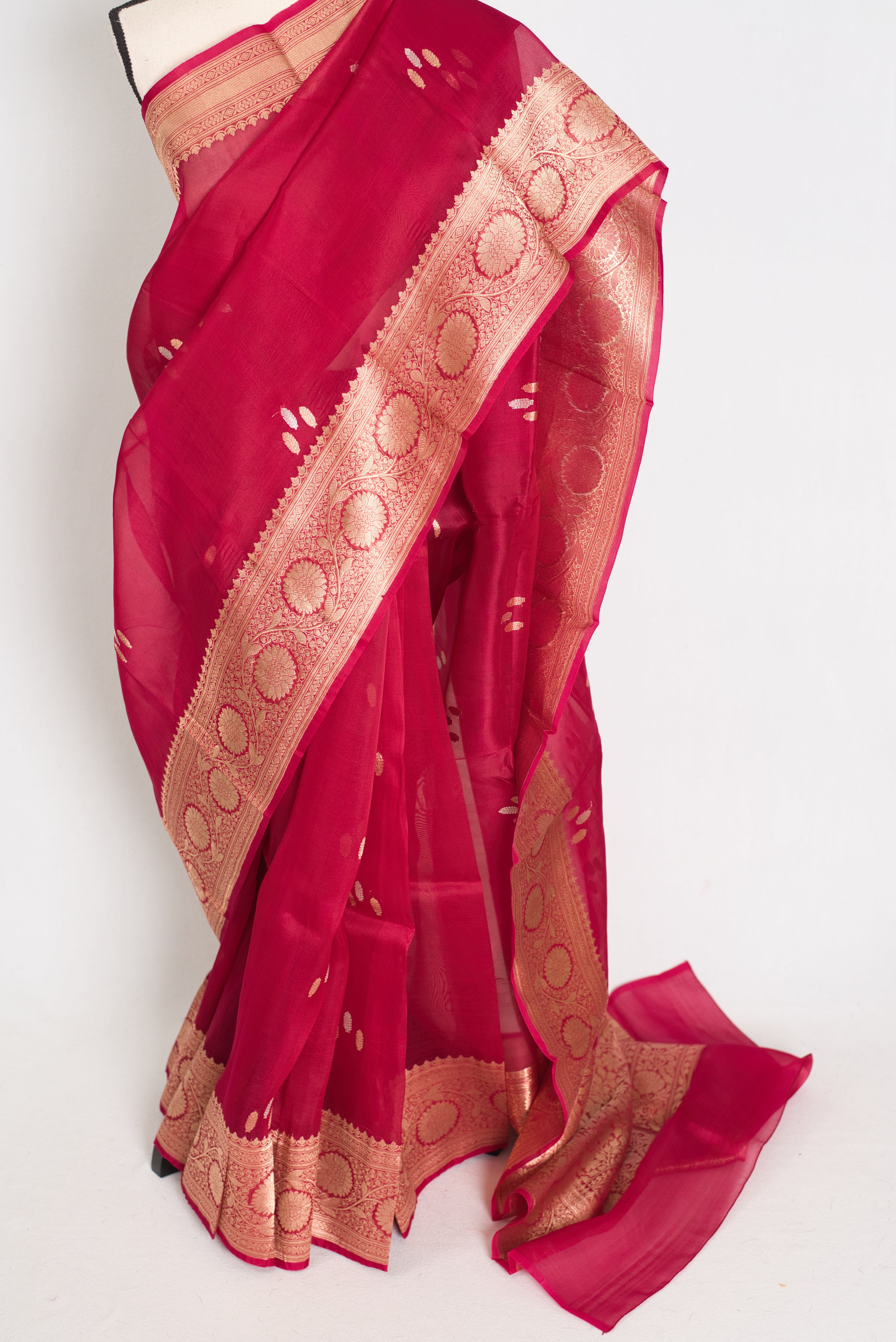 Noor : Silk Mark Certified Reddish Pinkish Red Organza Banarasi Saree with Gold