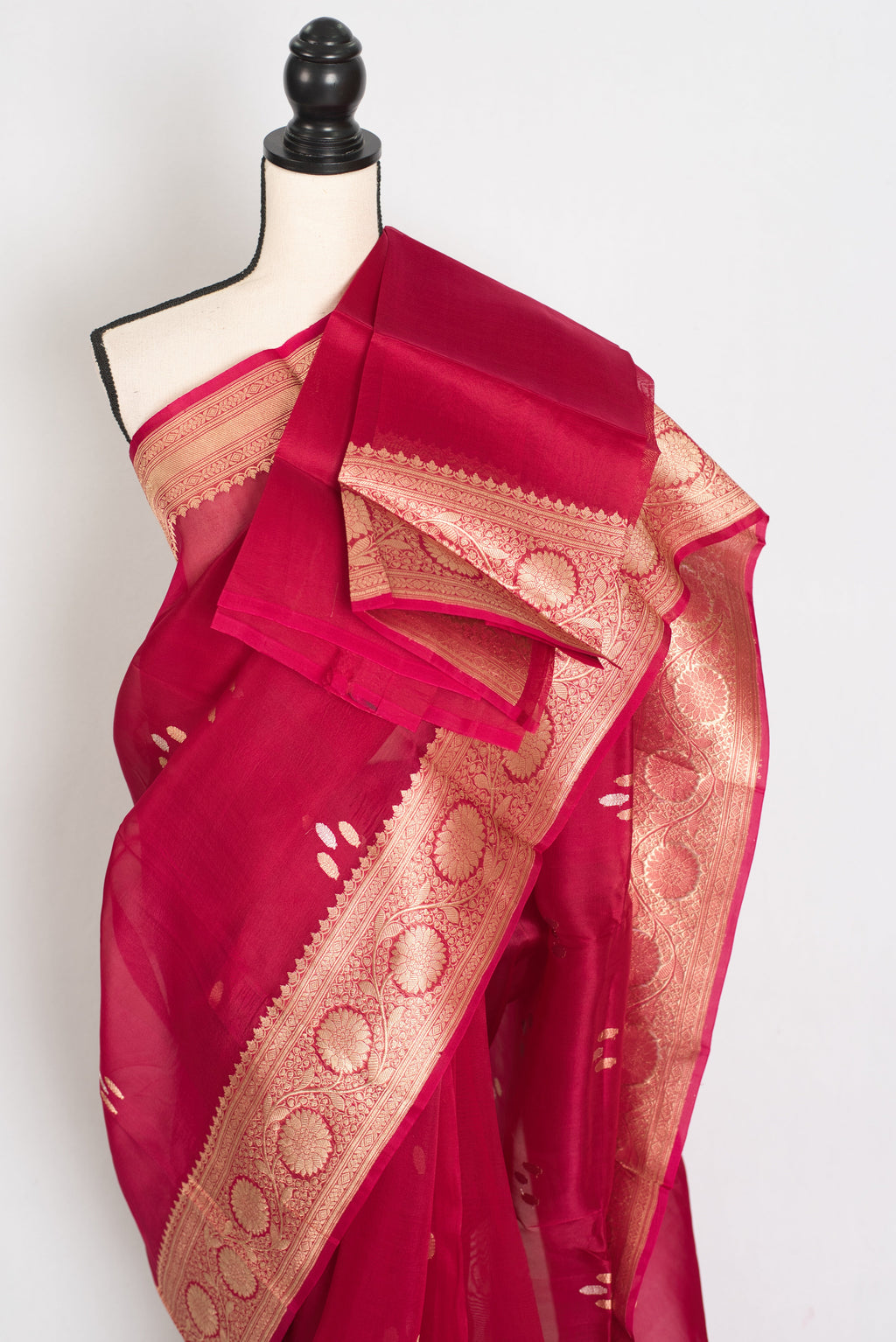 Noor : Silk Mark Certified Reddish Pinkish Red Organza Banarasi Saree with Gold