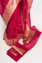Noor : Silk Mark Certified Reddish Pinkish Red Organza Banarasi Saree with Gold