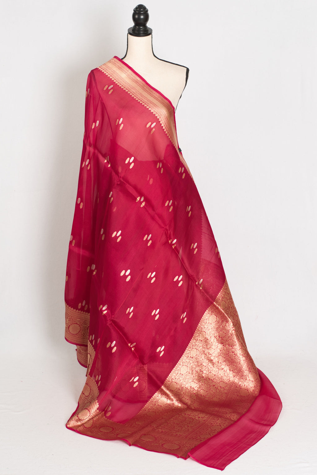 Noor : Silk Mark Certified Reddish Pinkish Red Organza Banarasi Saree with Gold
