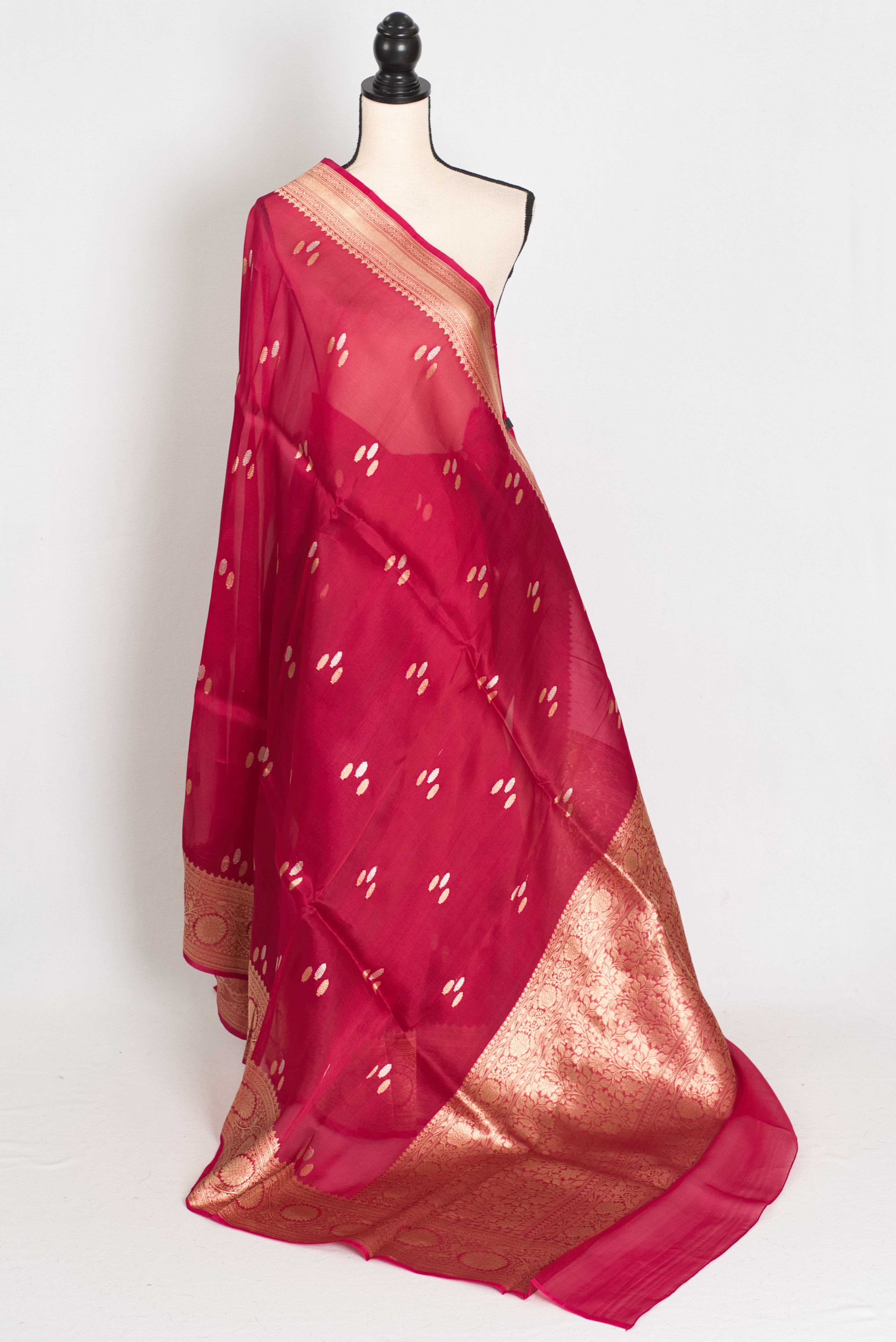 Noor : Silk Mark Certified Reddish Pinkish Red Organza Banarasi Saree with Gold