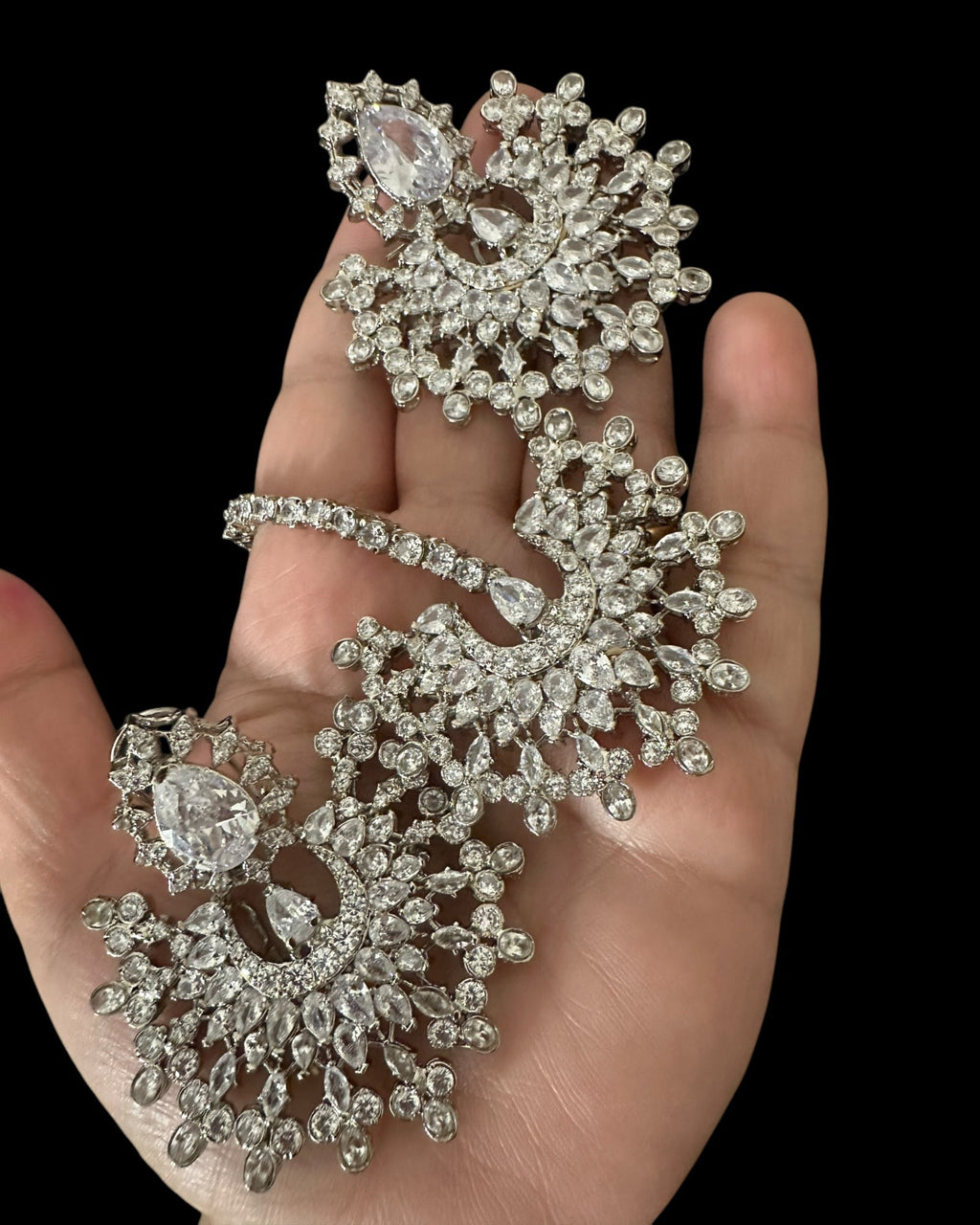 DJET95 Subhana silver plated chandbali earrings tika set  ( READY TO SHIP )